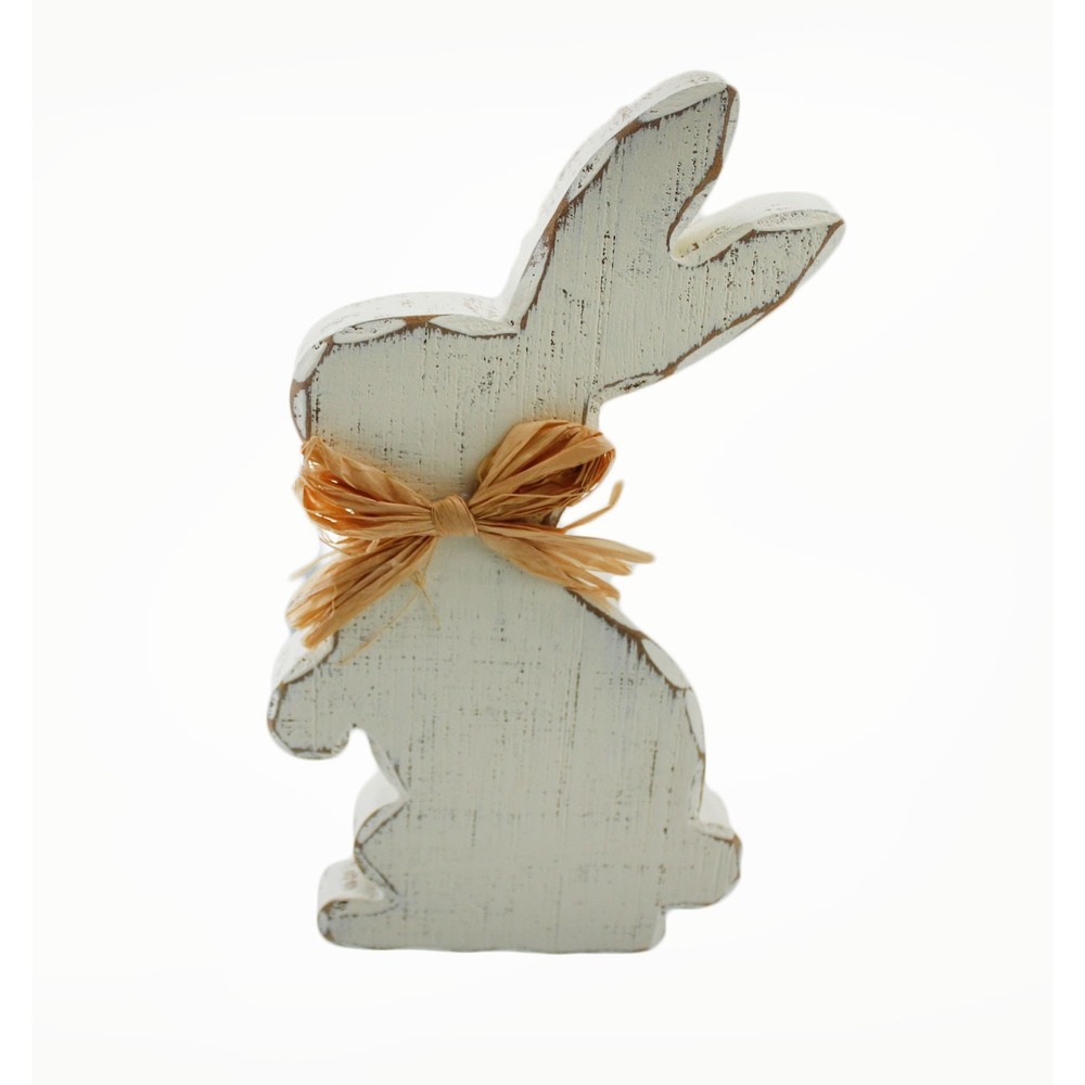 Distressed White Wooden‎ Bunny Figurine Raffia Bow Easter Decor